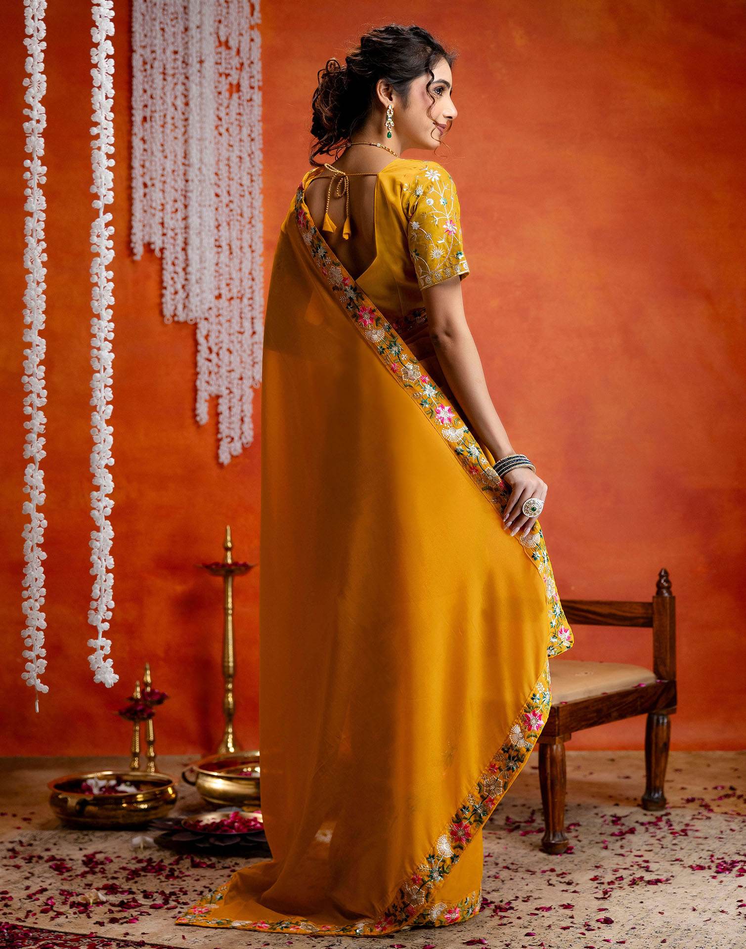 Yellow Shimmer Embroidery lace Saree