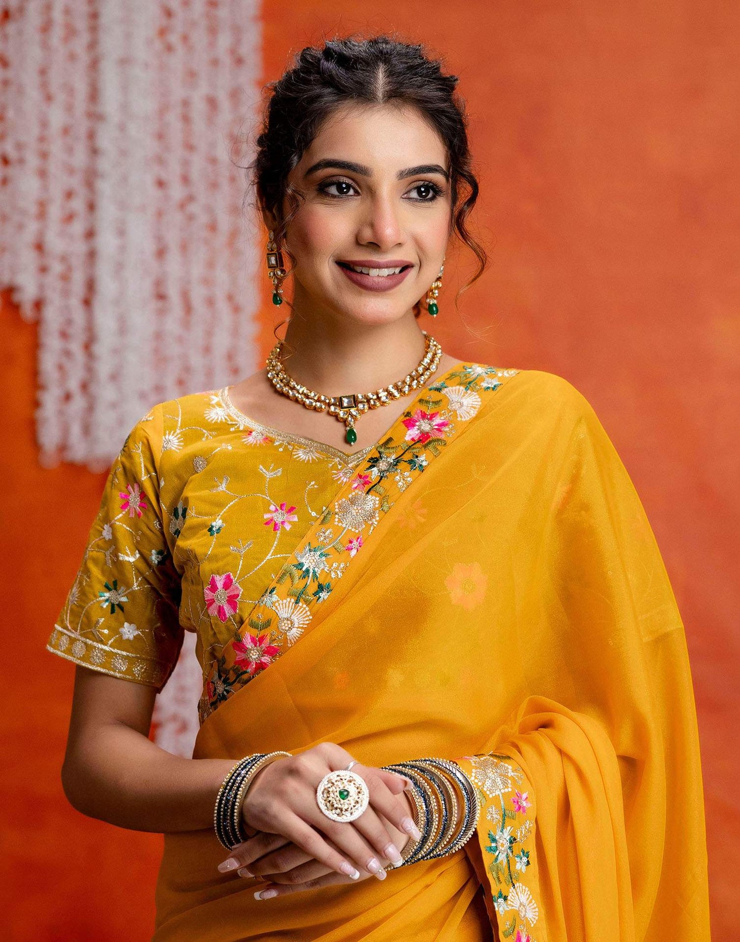 Yellow Shimmer Embroidery lace Saree