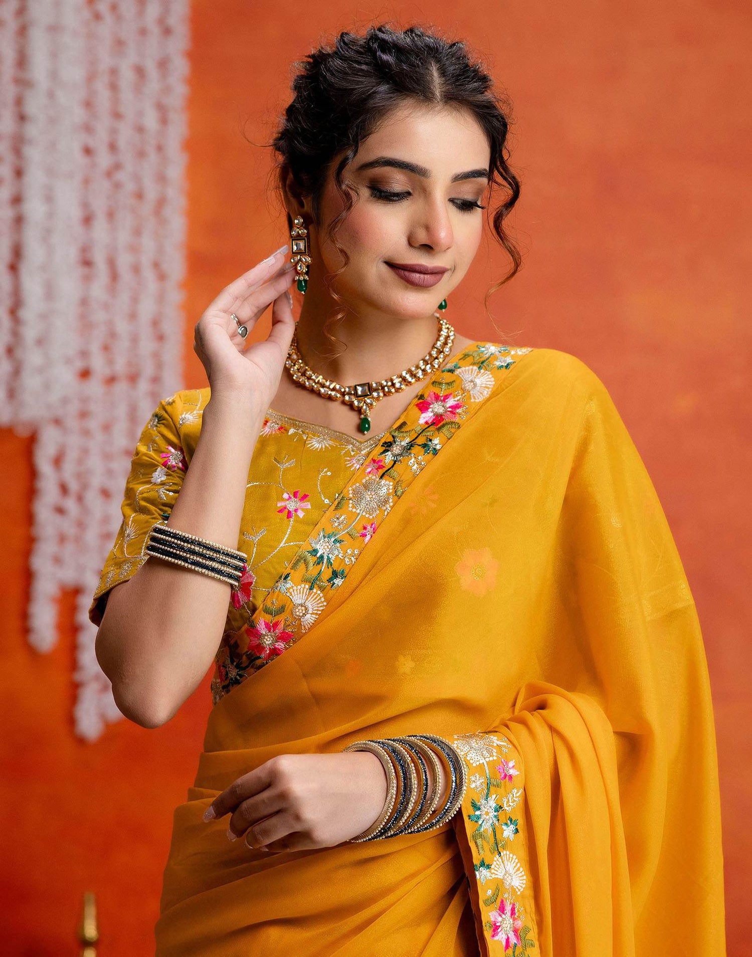 Yellow Shimmer Embroidery lace Saree