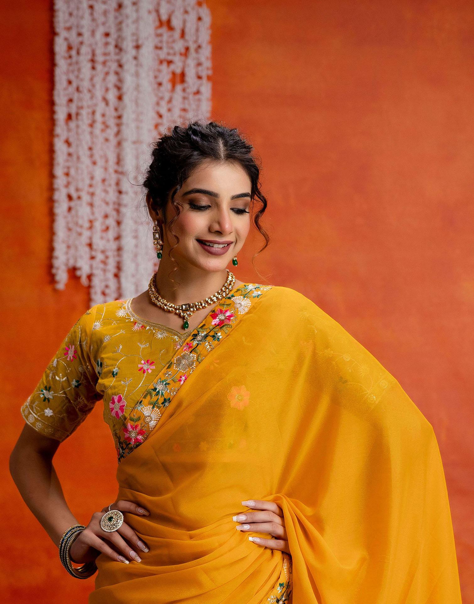Yellow Shimmer Embroidery lace Saree