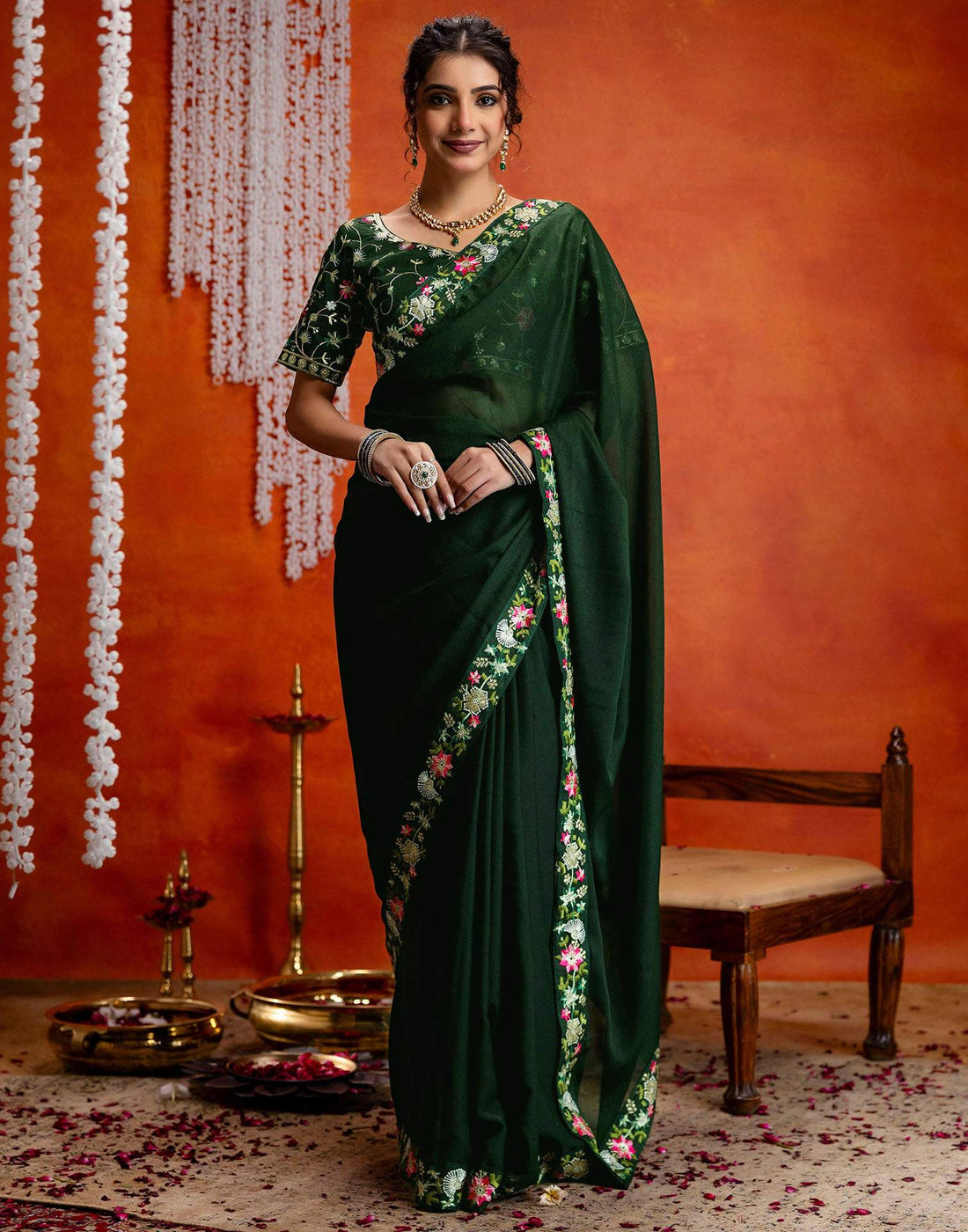 Dark Green Shimmer Embroidery lace Saree