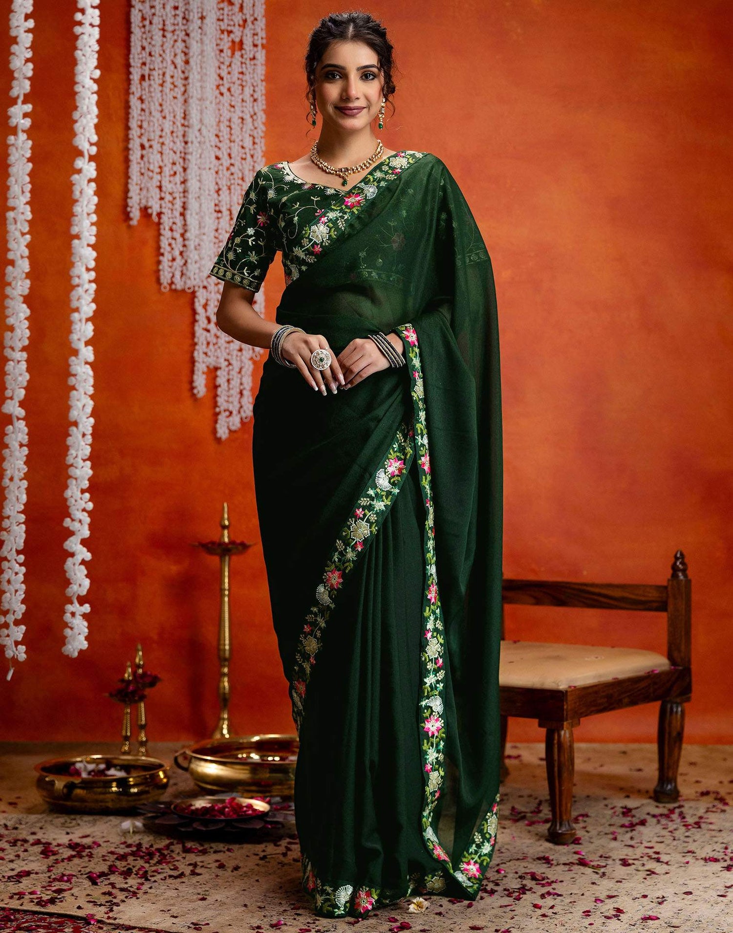 Dark Green Shimmer Embroidery lace Saree