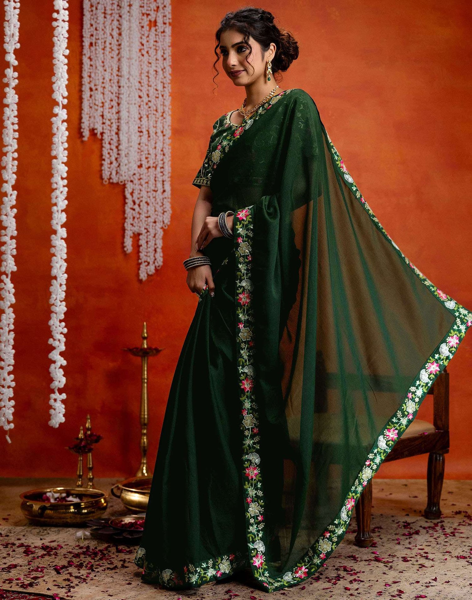 Dark Green Shimmer Embroidery lace Saree