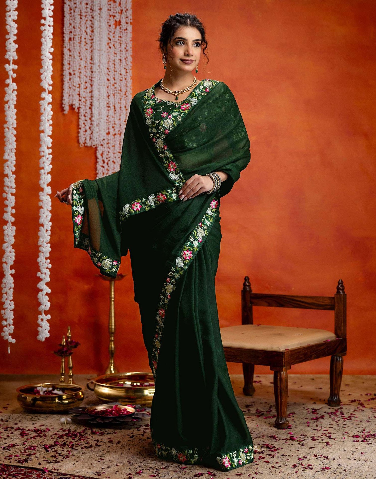 Dark Green Shimmer Embroidery lace Saree