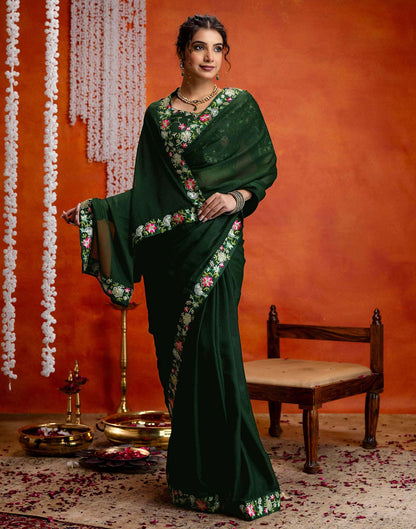 Dark Green Shimmer Embroidery lace Saree