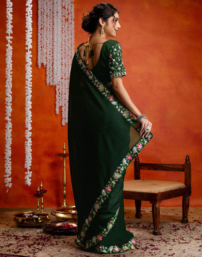 Dark Green Shimmer Embroidery lace Saree