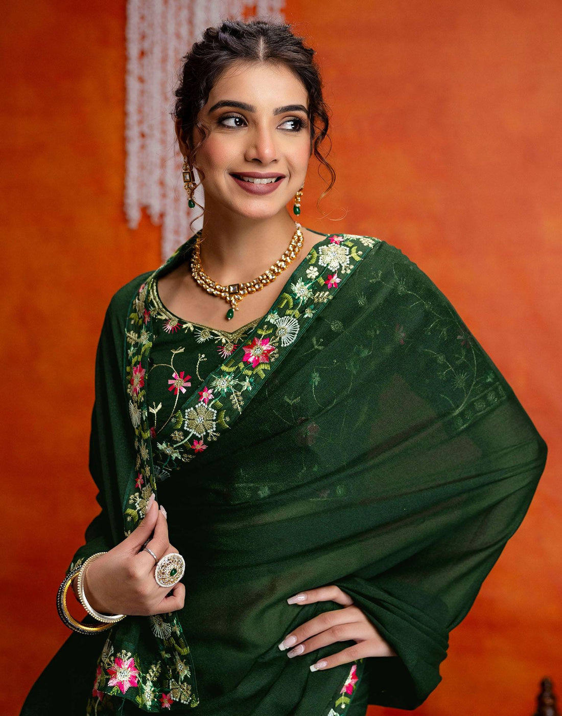Dark Green Shimmer Embroidery lace Saree