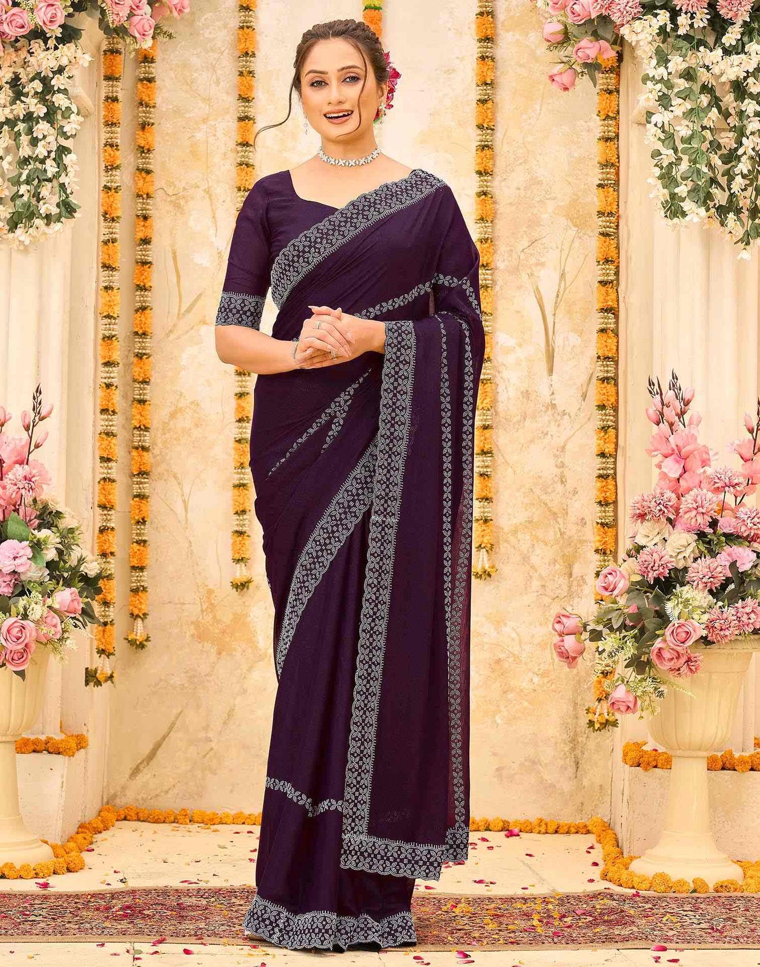 Wine Shimmer Stone Work Swarovski Saree