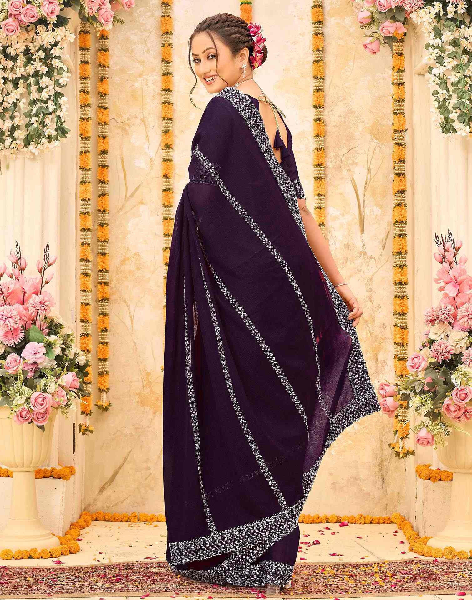 Wine Shimmer Stone Work Swarovski Saree