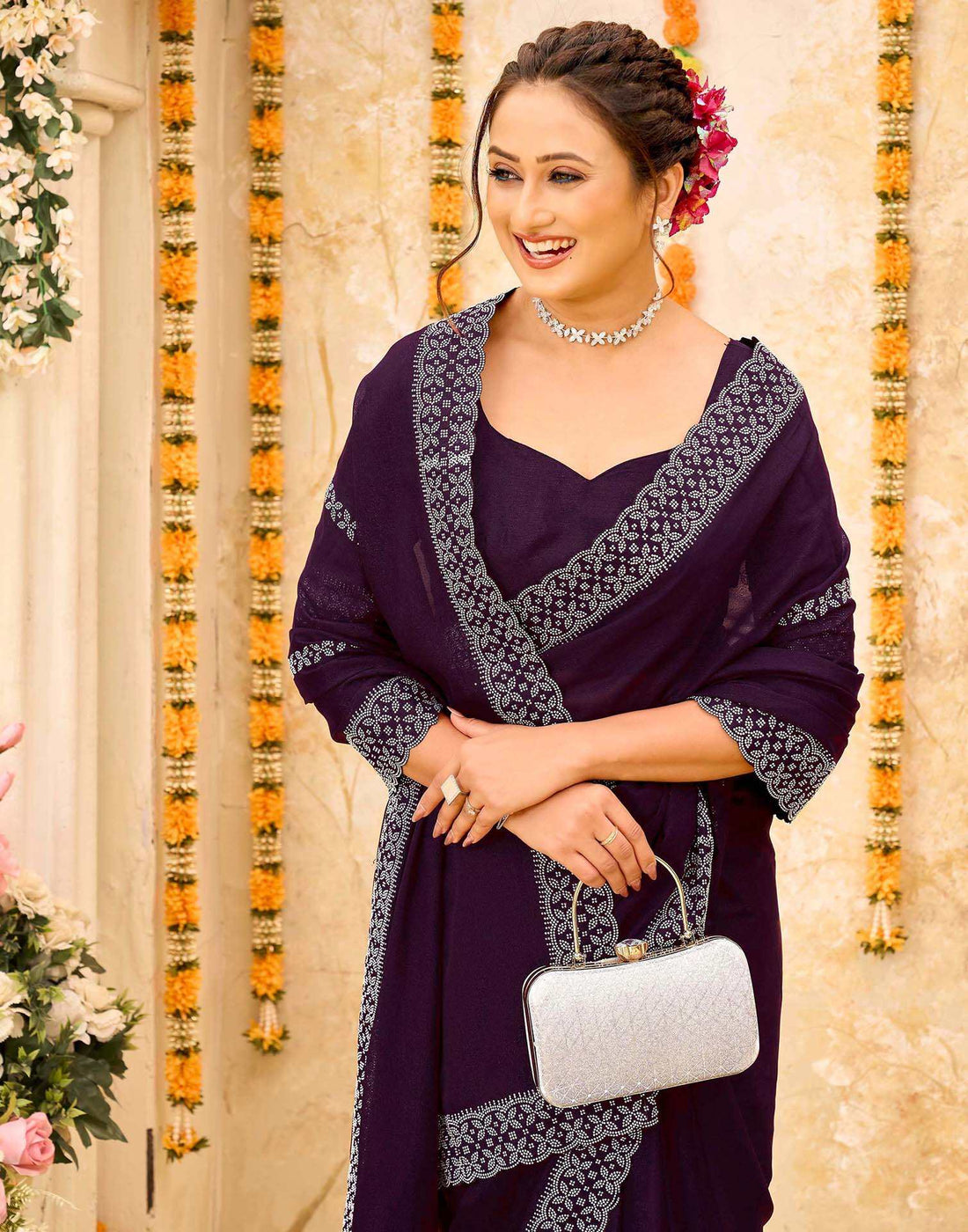 Wine Shimmer Stone Work Swarovski Saree