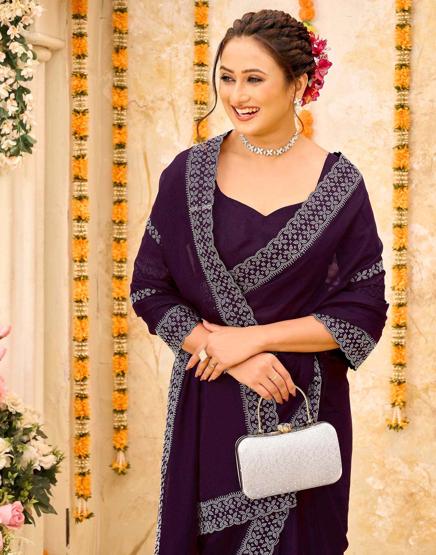 Wine Shimmer Stone Work Swarovski Saree