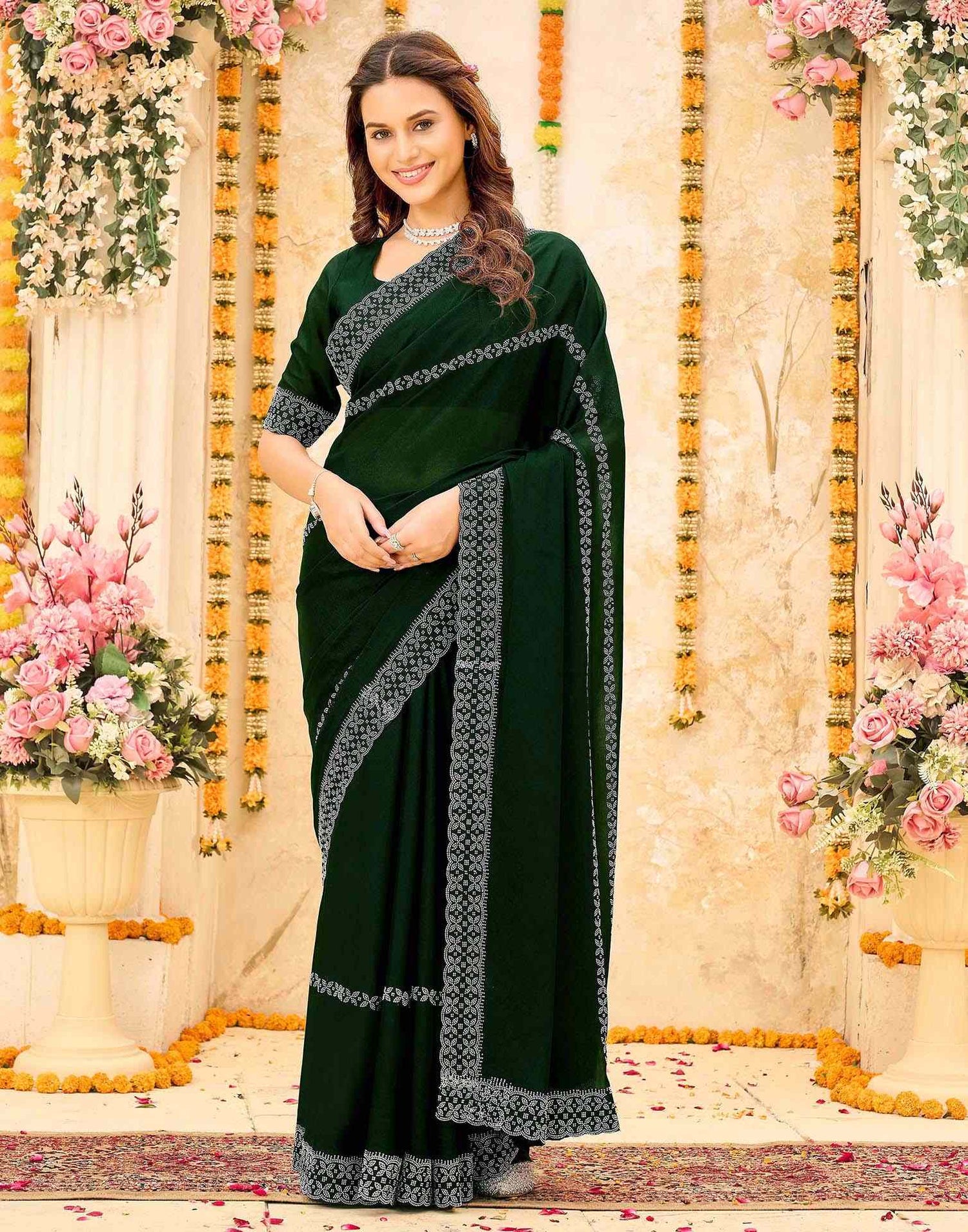 Dark Green Shimmer Stone Work Swarovski Saree
