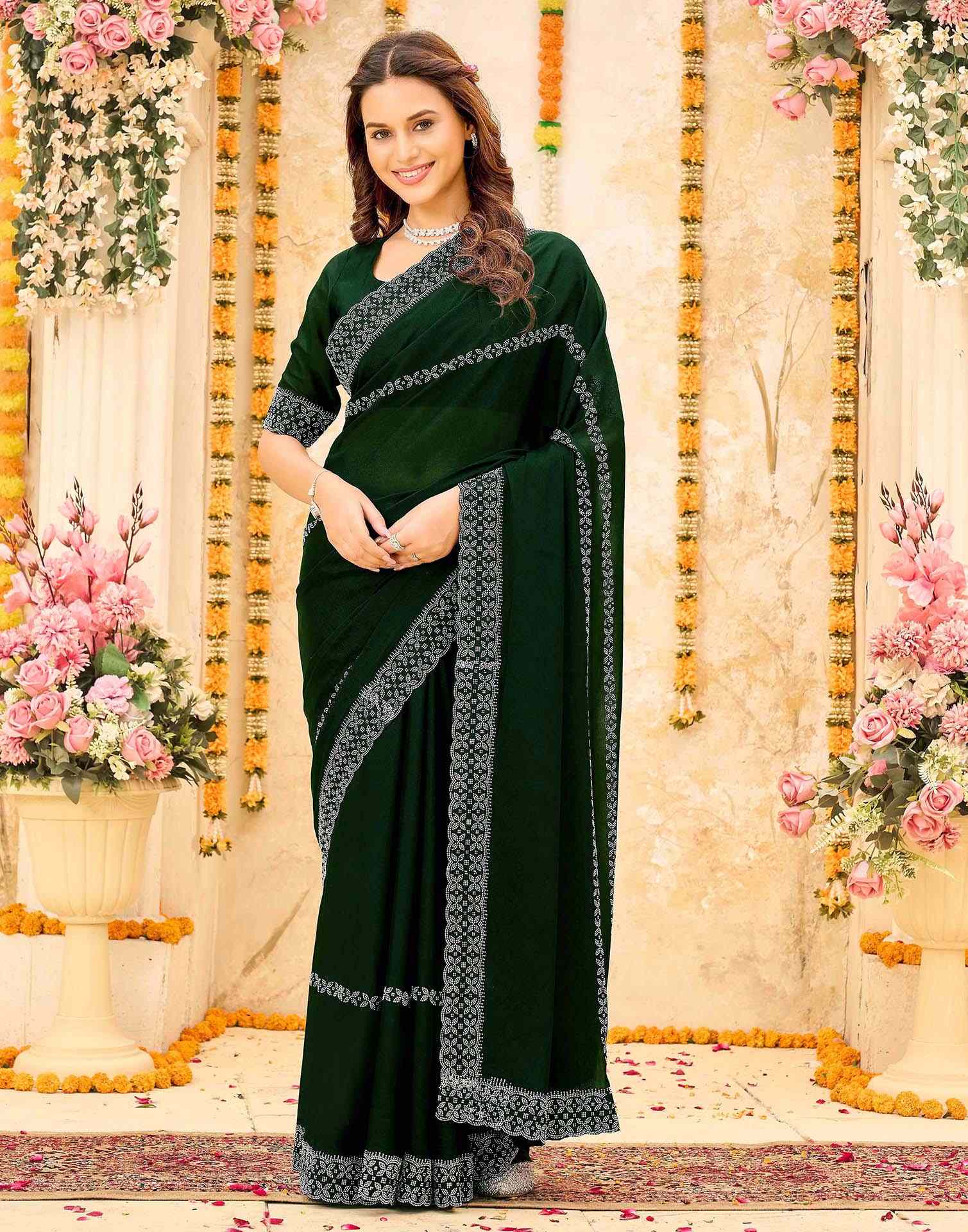 Dark Green Shimmer Stone Work Swarovski Saree