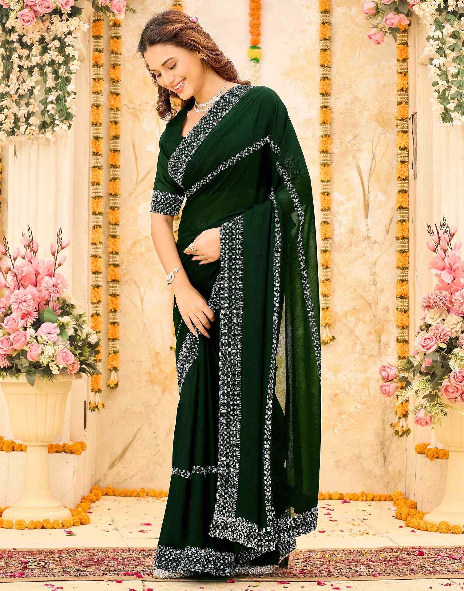 Dark Green Shimmer Stone Work Swarovski Saree