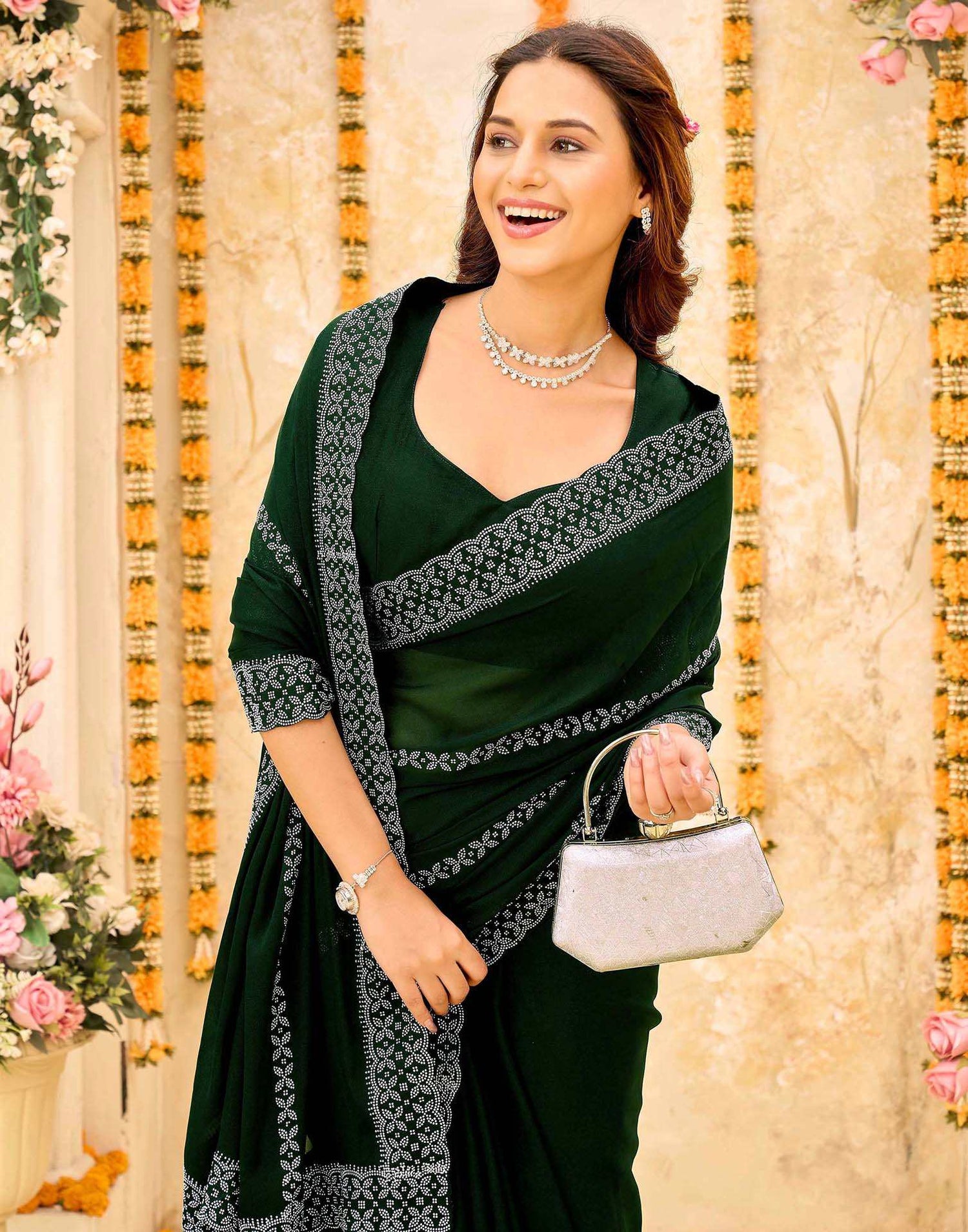 Dark Green Shimmer Stone Work Swarovski Saree