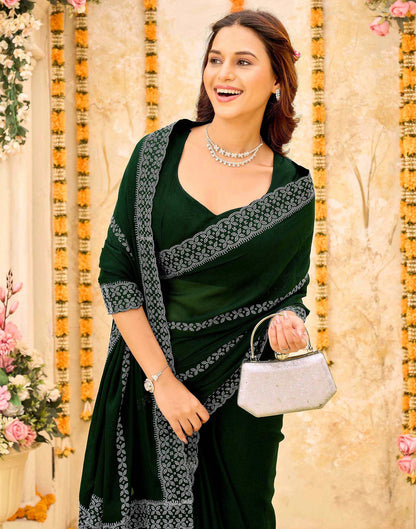 Dark Green Shimmer Stone Work Swarovski Saree