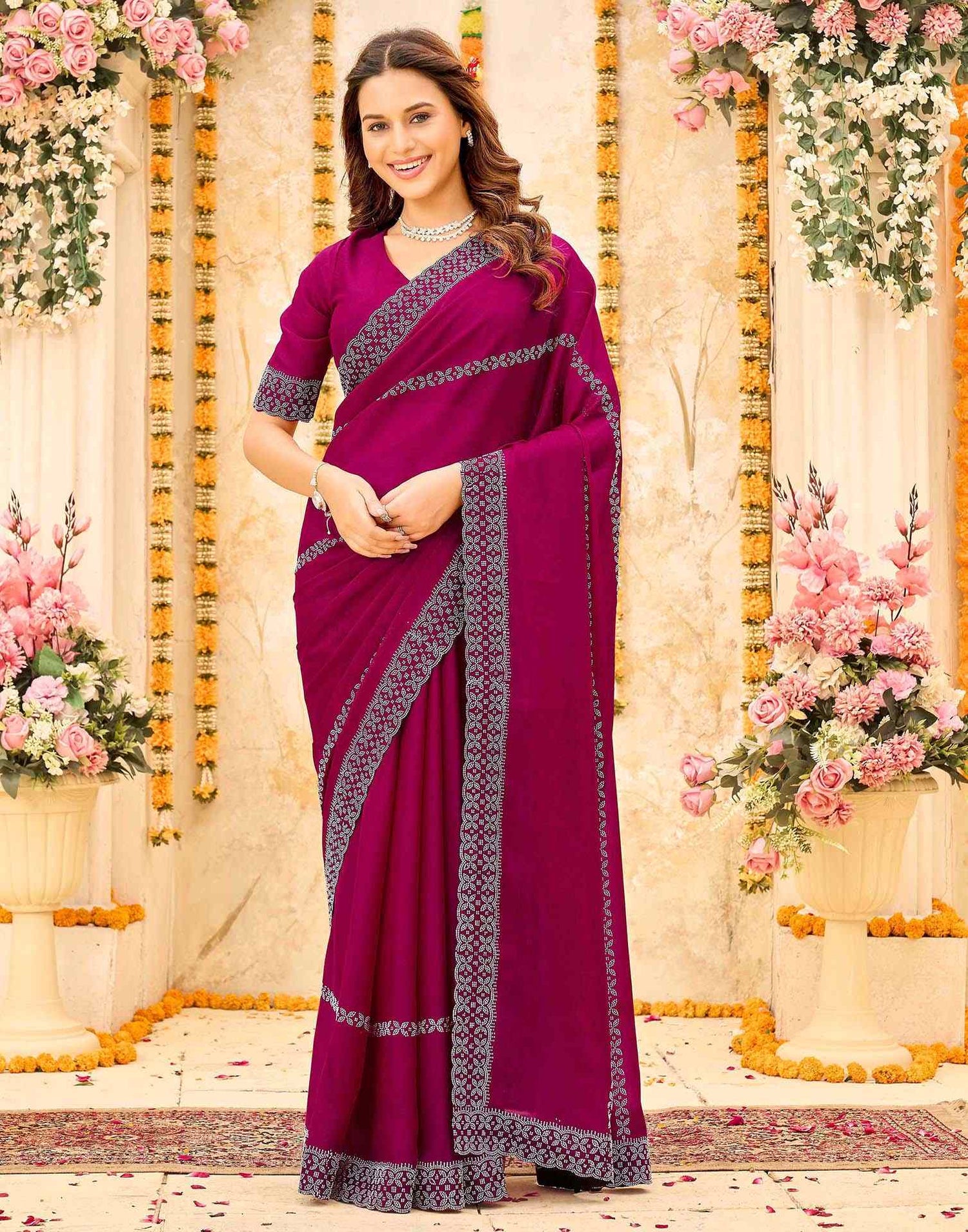 Rani Pink Shimmer Stone Work Swarovski Saree