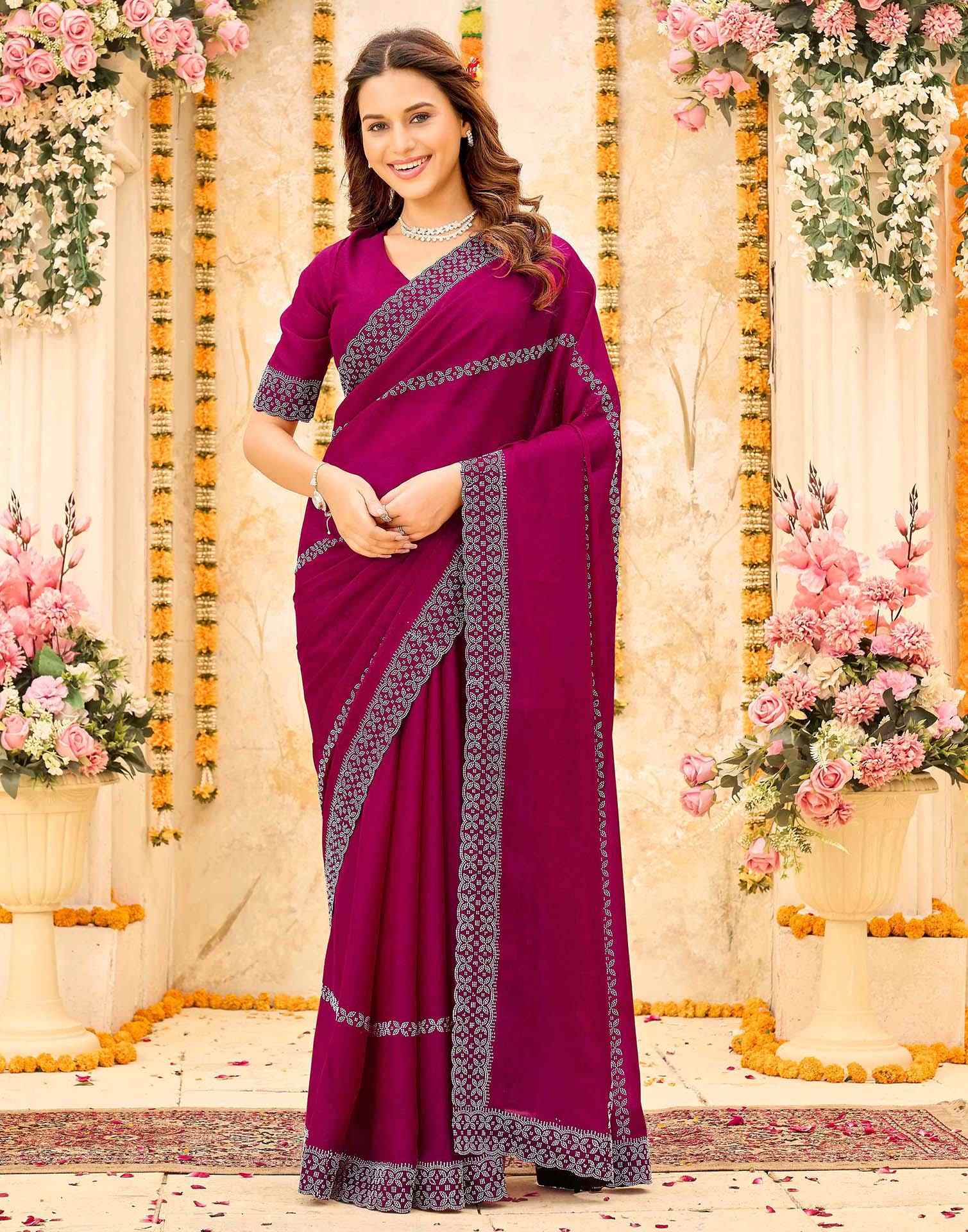 Rani Pink Shimmer Stone Work Swarovski Saree