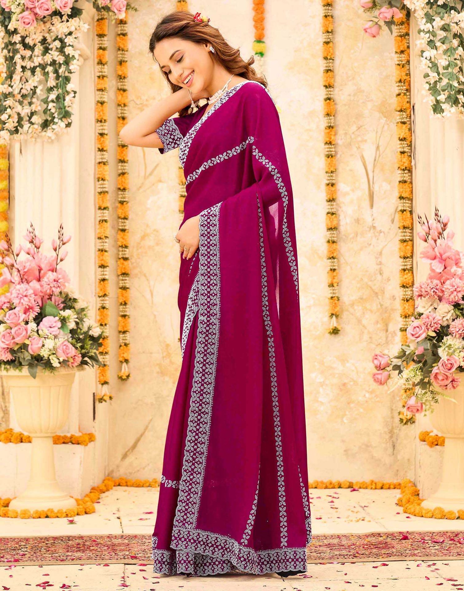 Rani Pink Shimmer Stone Work Swarovski Saree
