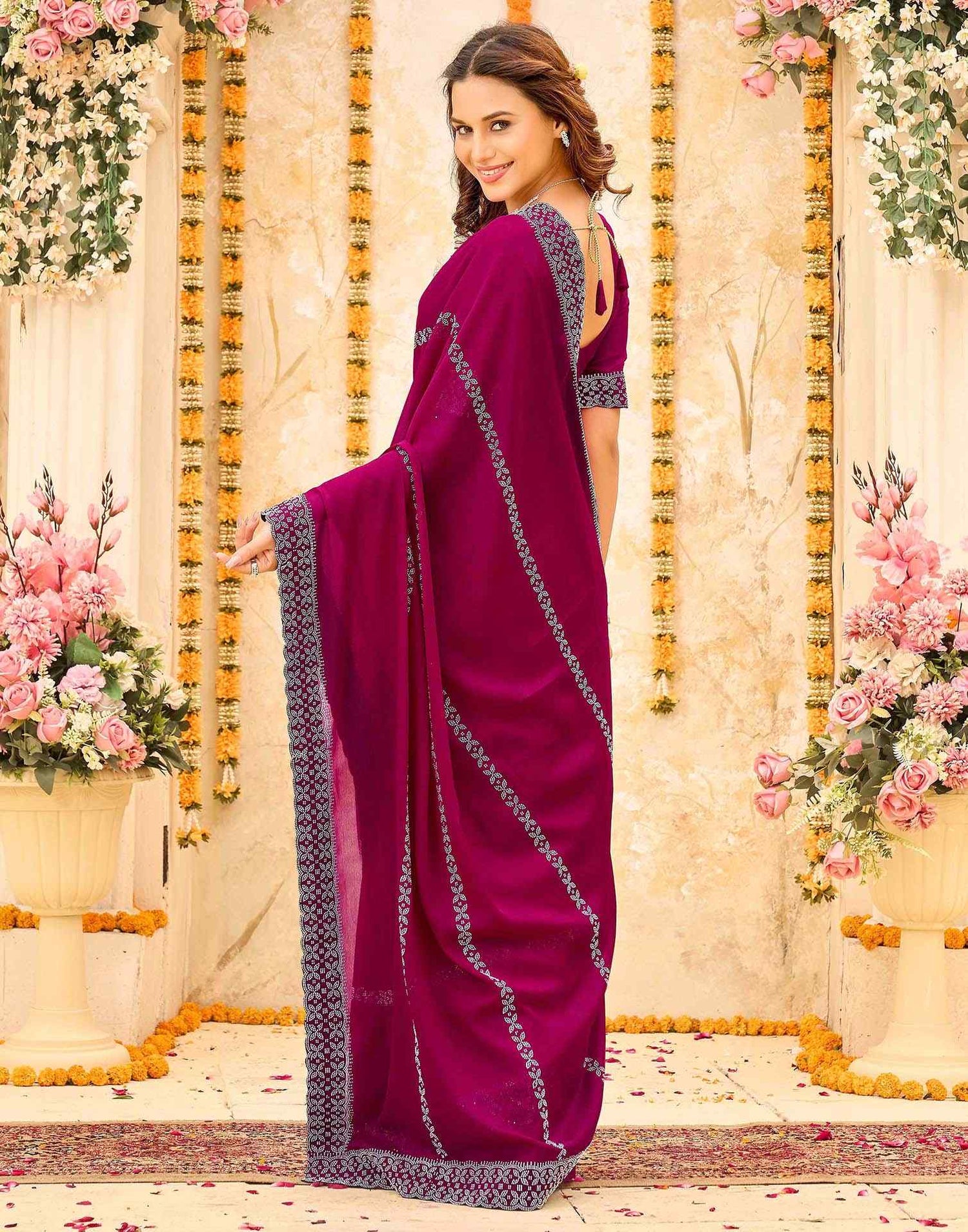 Rani Pink Shimmer Stone Work Swarovski Saree