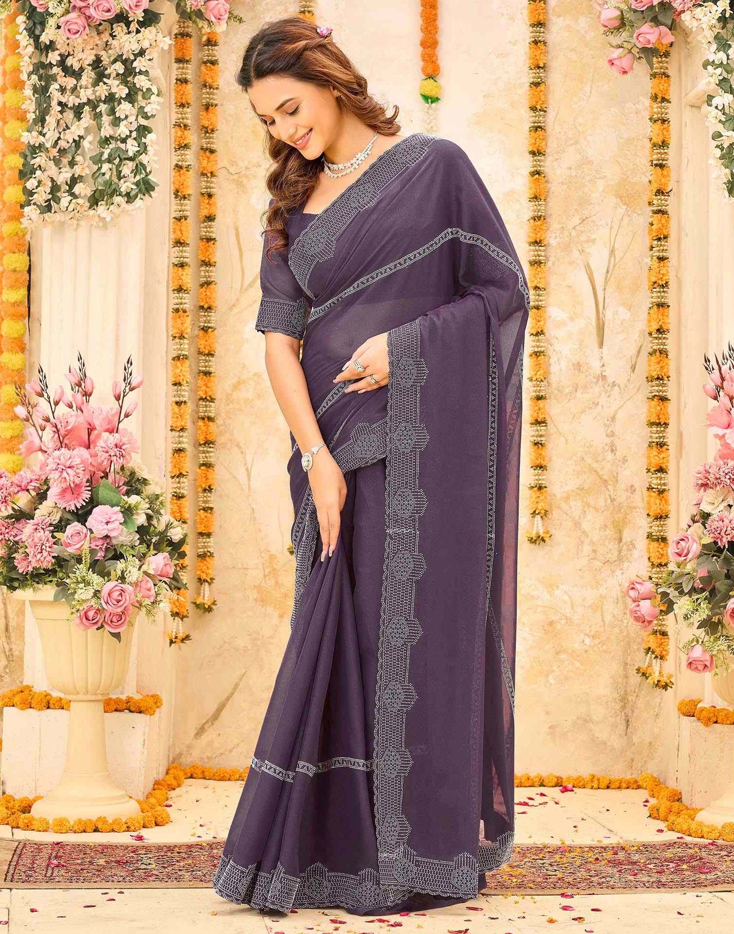 Dusty Purple Shimmer Stone Work Swarovski Saree