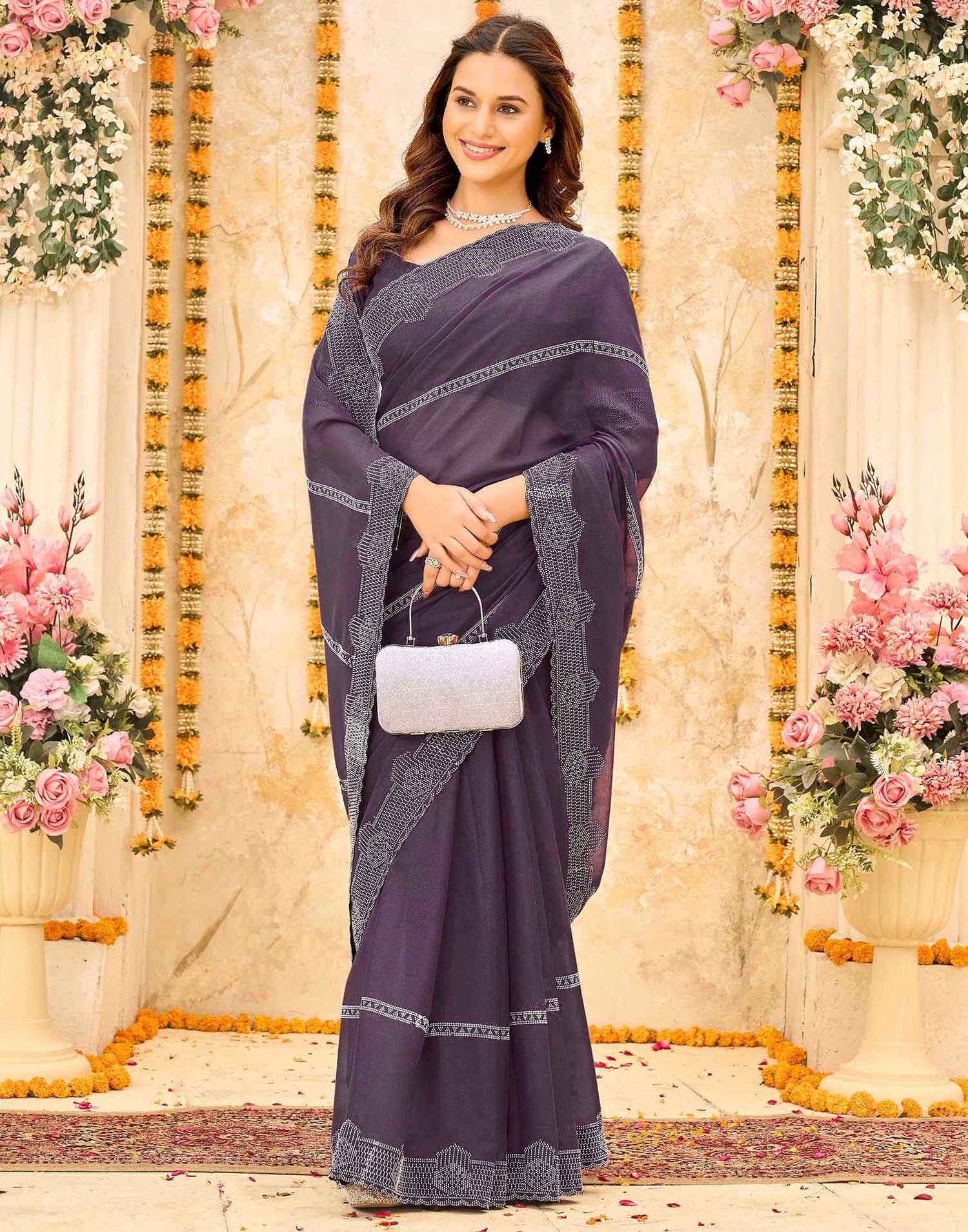 Dusty Purple Shimmer Stone Work Swarovski Saree