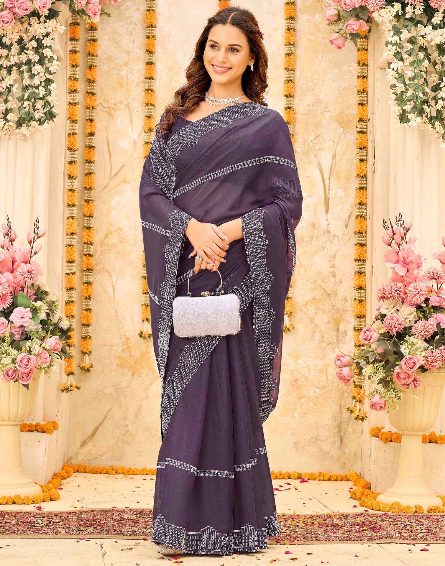 Dusty Purple Shimmer Stone Work Swarovski Saree
