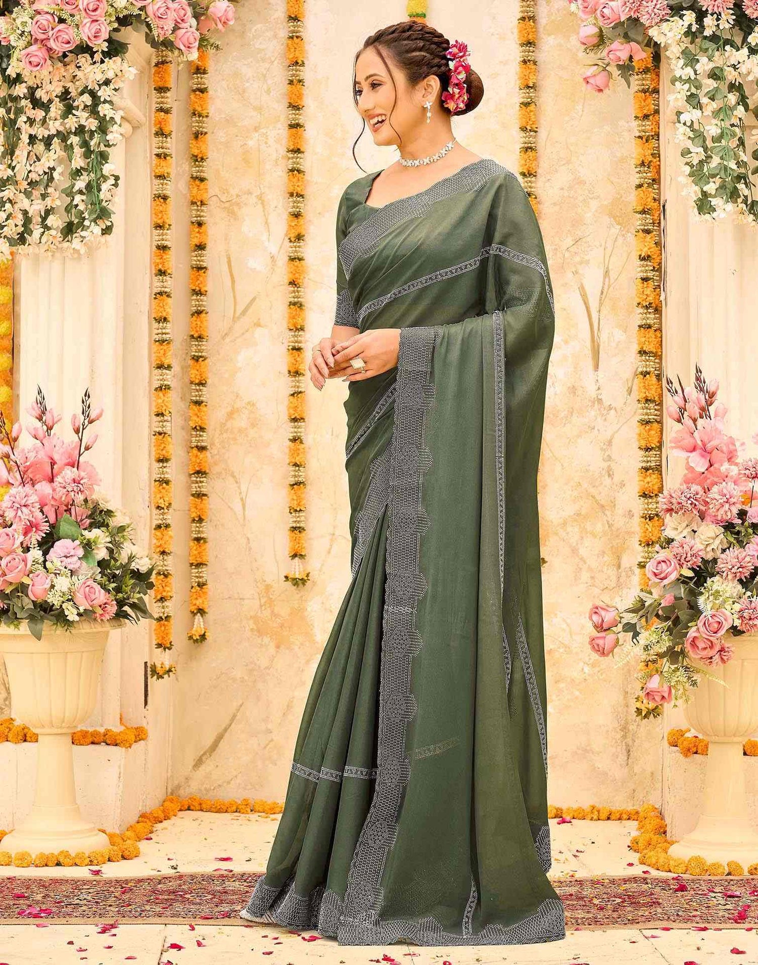 Olive Green Shimmer Stone Work Swarovski Saree