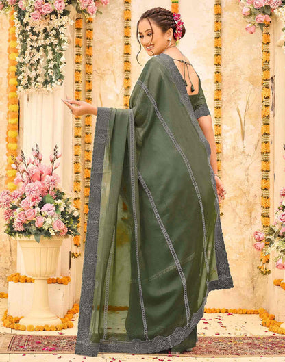 Olive Green Shimmer Stone Work Swarovski Saree