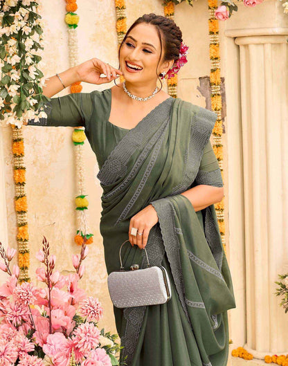 Olive Green Shimmer Stone Work Swarovski Saree