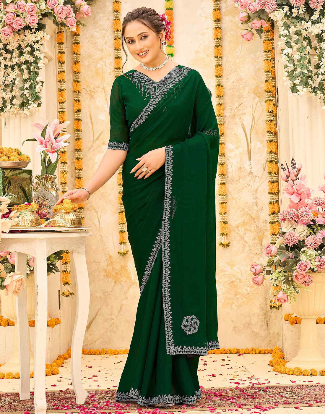 Dark Green Shimmer Stone Work Swarovski Saree