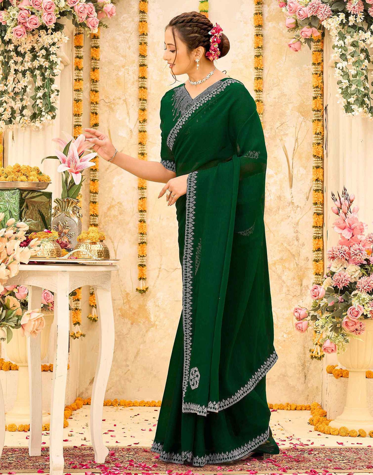 Dark Green Shimmer Stone Work Swarovski Saree