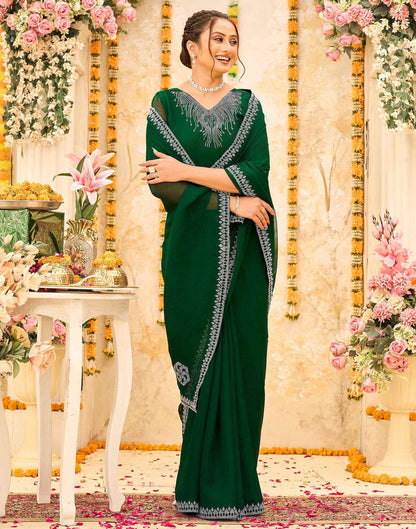 Dark Green Shimmer Stone Work Swarovski Saree