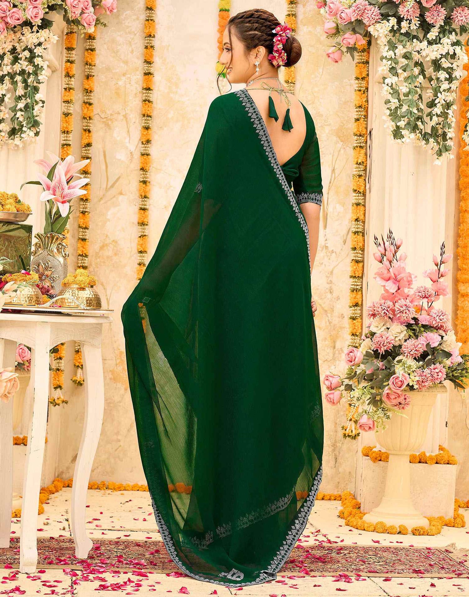 Dark Green Shimmer Stone Work Swarovski Saree