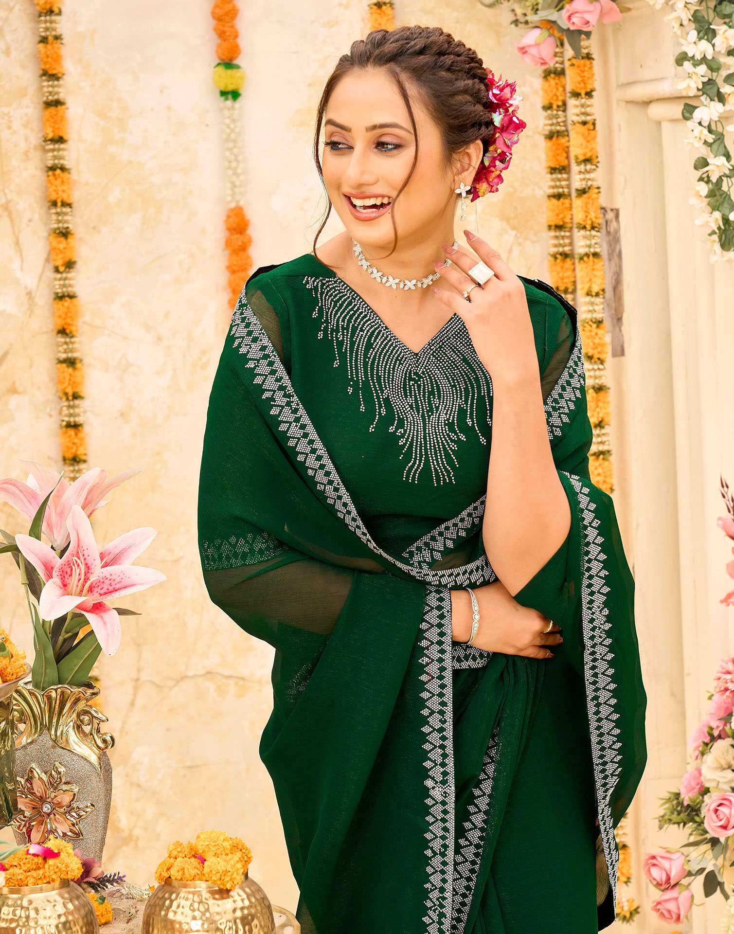 Dark Green Shimmer Stone Work Swarovski Saree