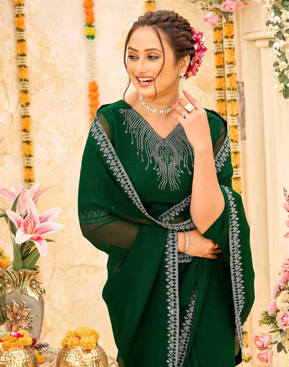 Dark Green Shimmer Stone Work Swarovski Saree