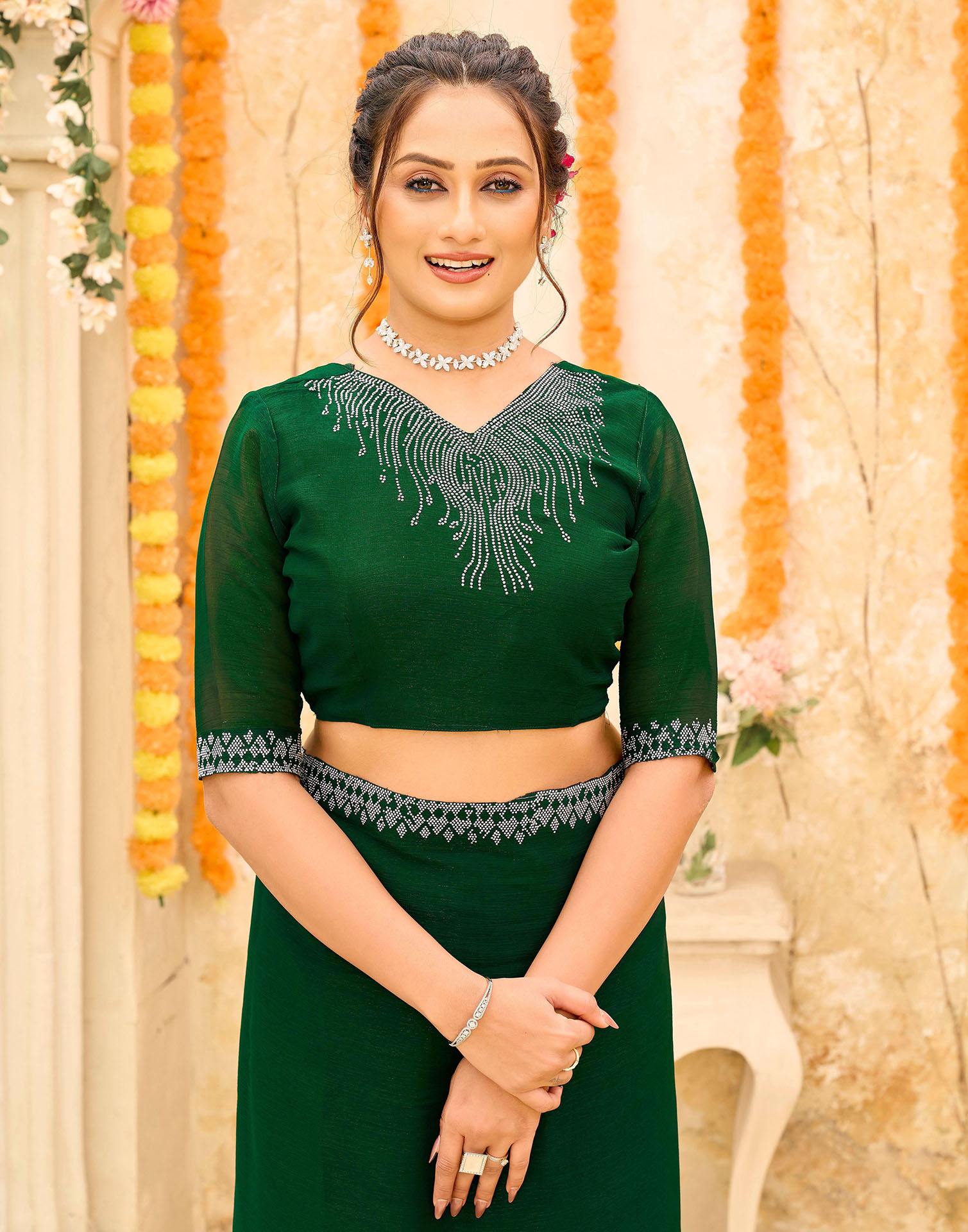 Dark Green Shimmer Stone Work Swarovski Saree