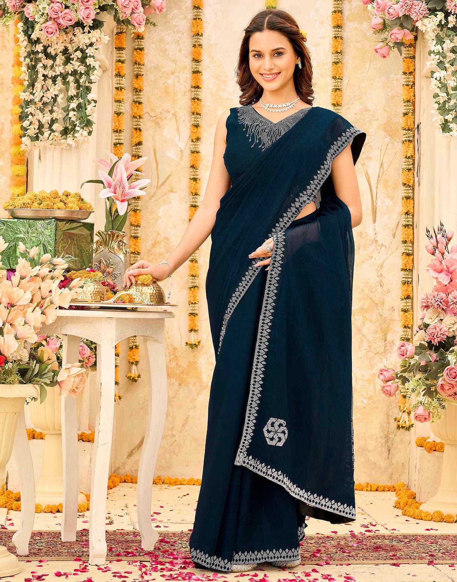 Navy Blue Shimmer Stone Work Swarovski Saree