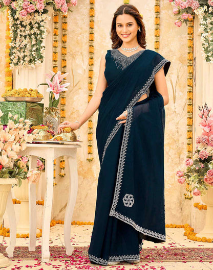 Navy Blue Shimmer Stone Work Swarovski Saree
