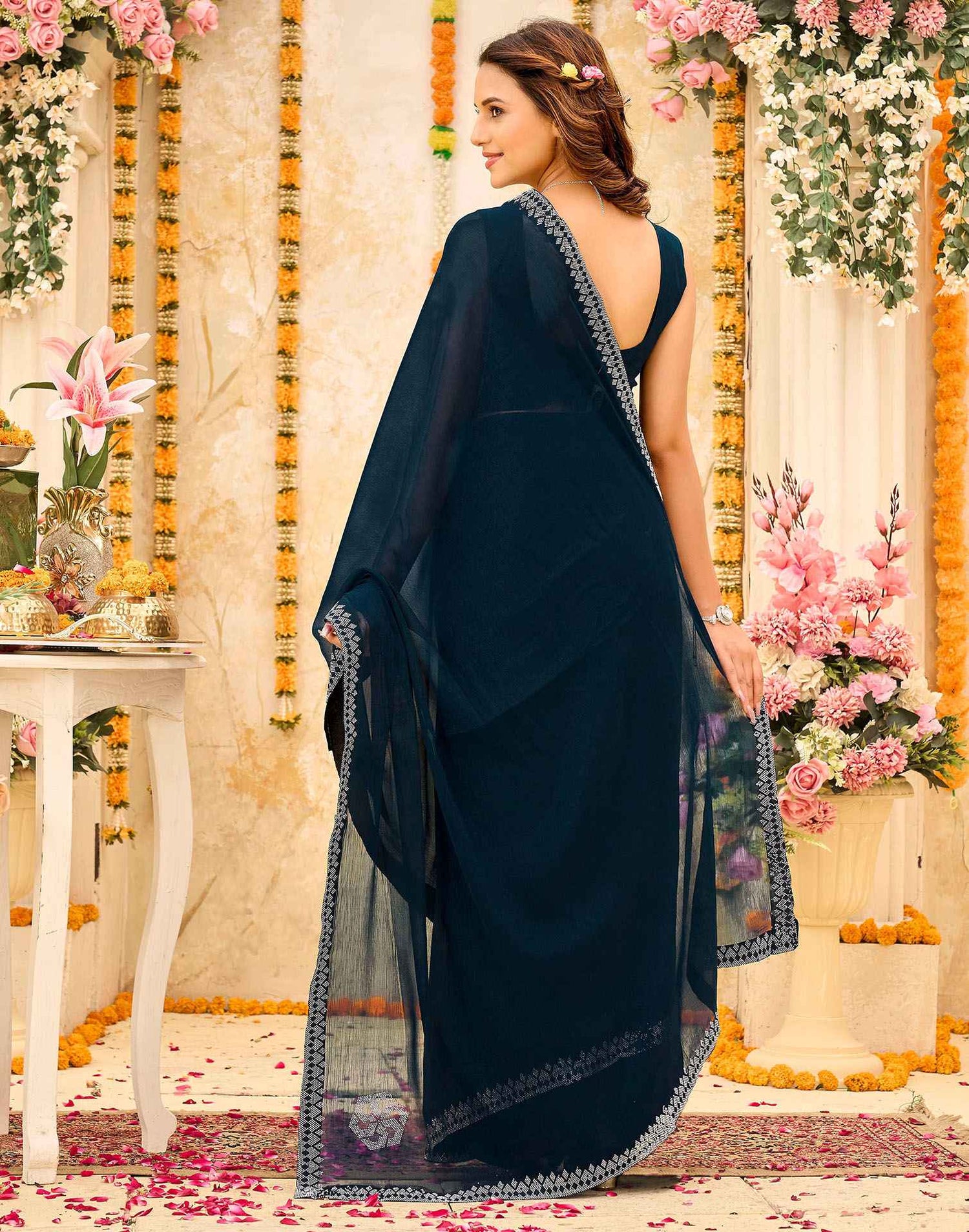 Navy Blue Shimmer Stone Work Swarovski Saree