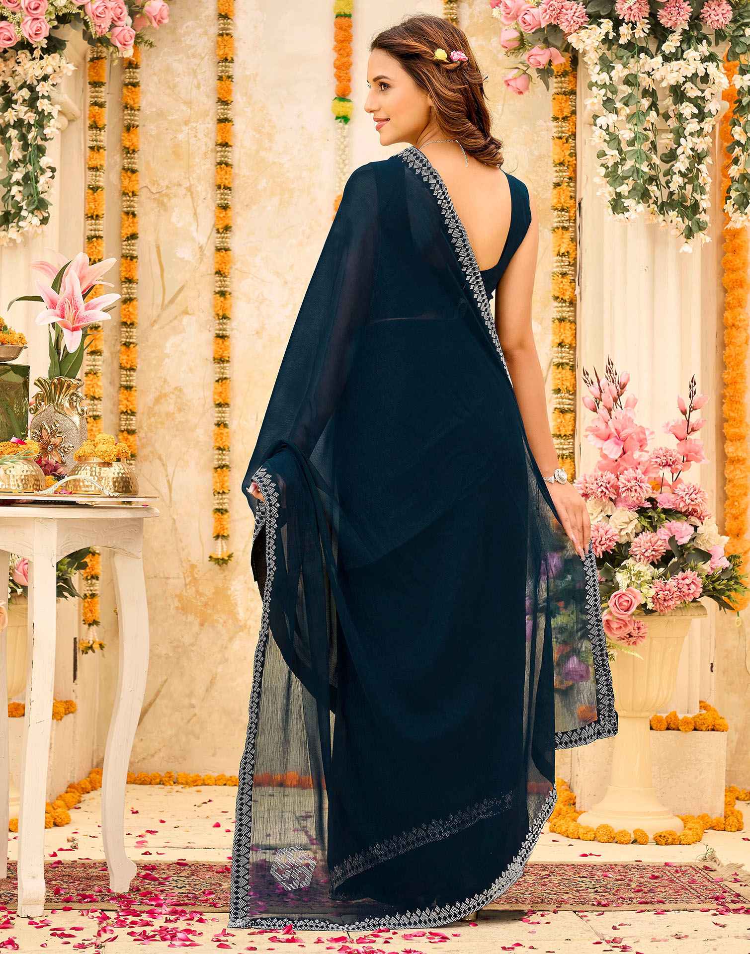 Navy Blue Shimmer Stone Work Swarovski Saree