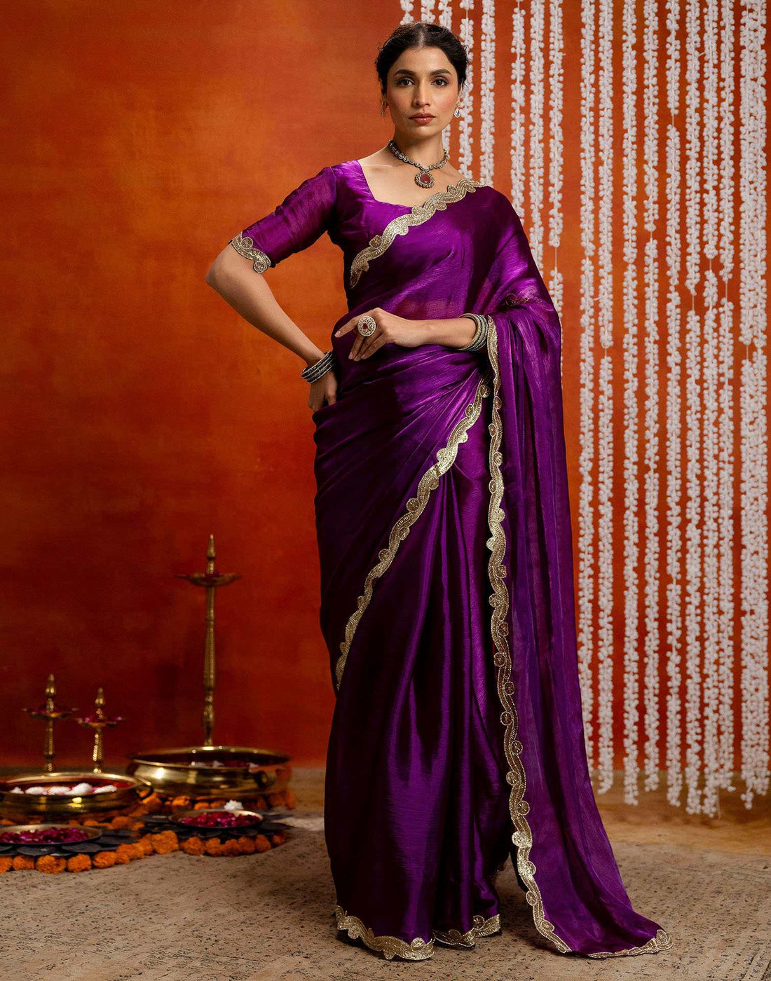 Dark Purple Shimmer Embellished Lace Saree