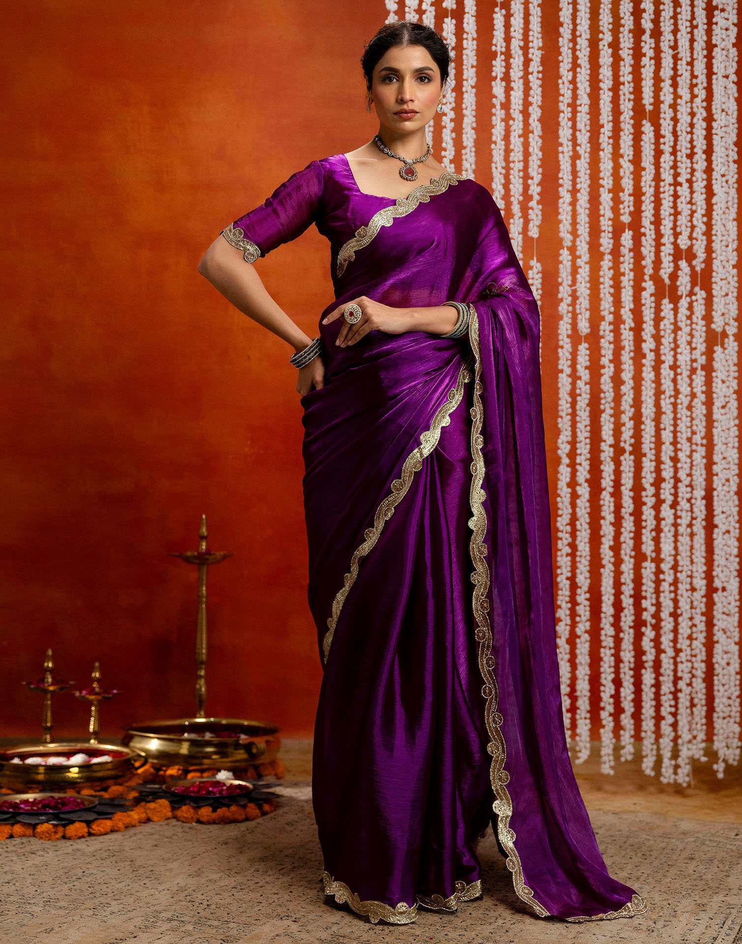 Dark Purple Shimmer Embellished Lace Saree