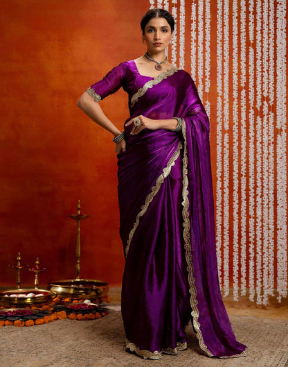 Dark Purple Shimmer Embellished Lace Saree
