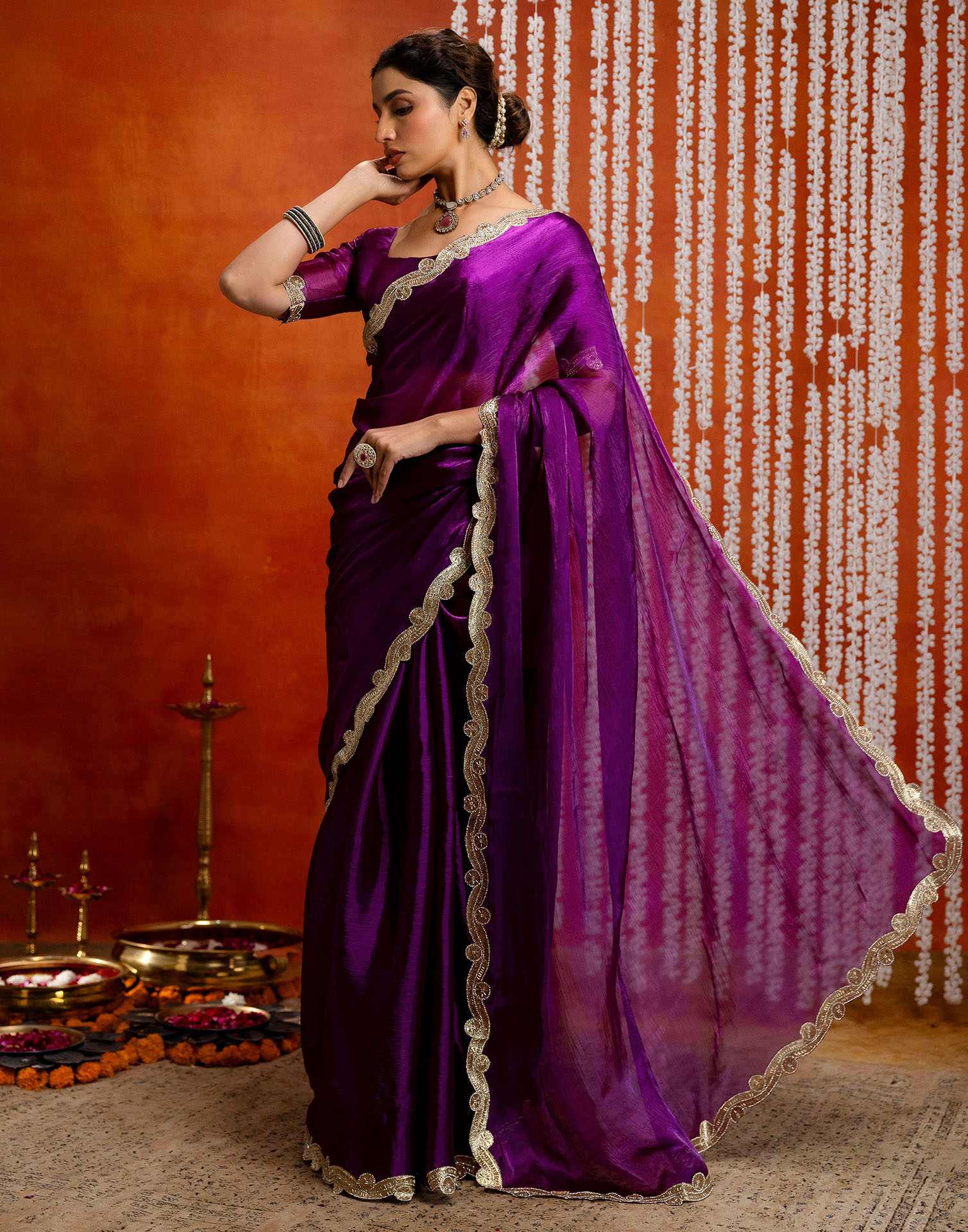 Dark Purple Shimmer Embellished Lace Saree