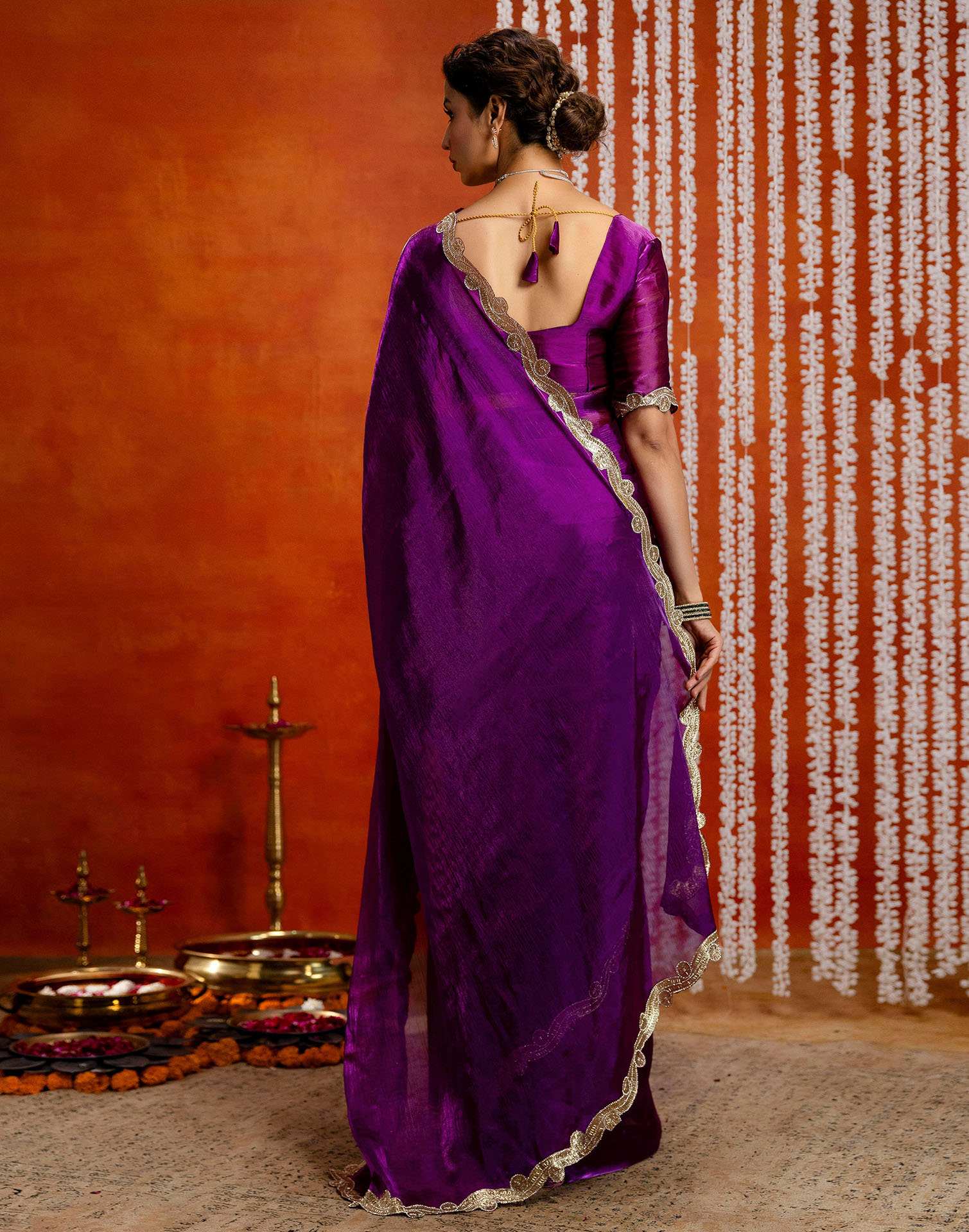 Dark Purple Shimmer Embellished Lace Saree
