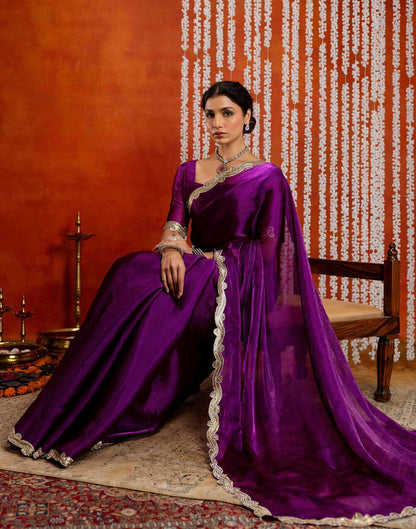 Dark Purple Shimmer Embellished Lace Saree