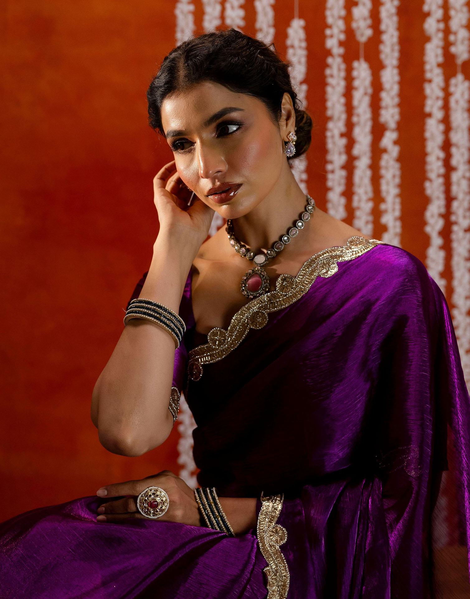 Dark Purple Shimmer Embellished Lace Saree