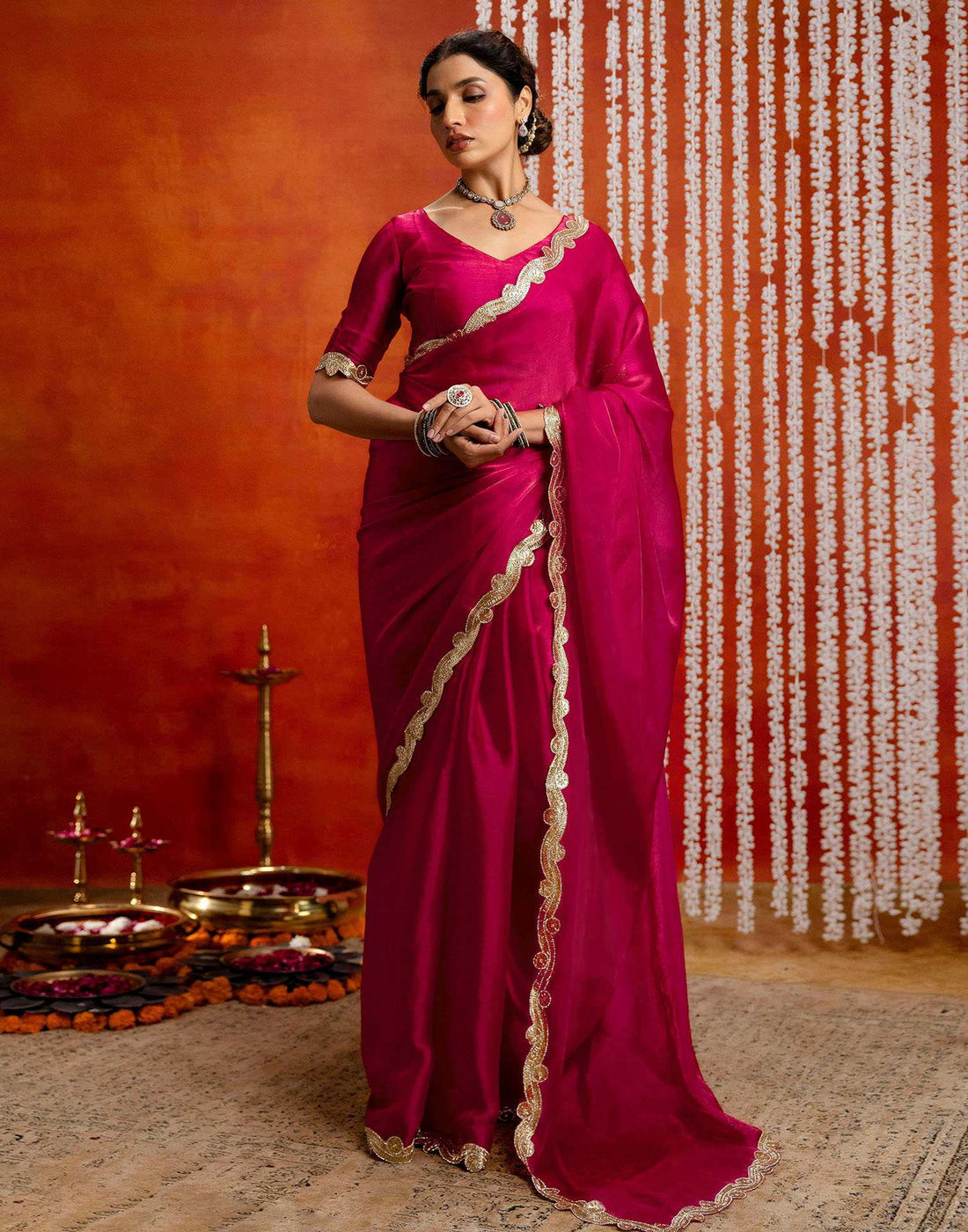 Dark Pink Shimmer Embellished Lace Saree