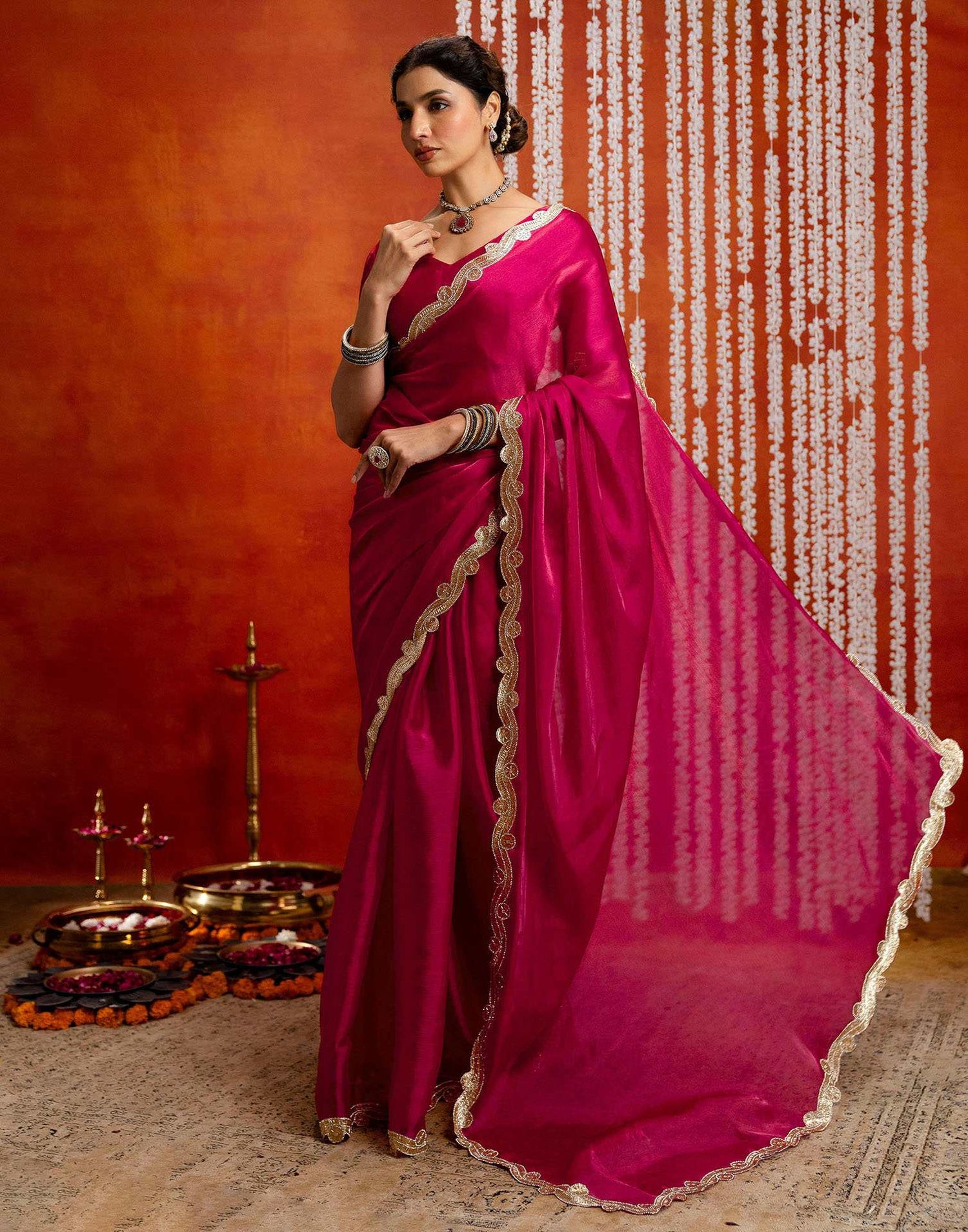 Dark Pink Shimmer Embellished Lace Saree